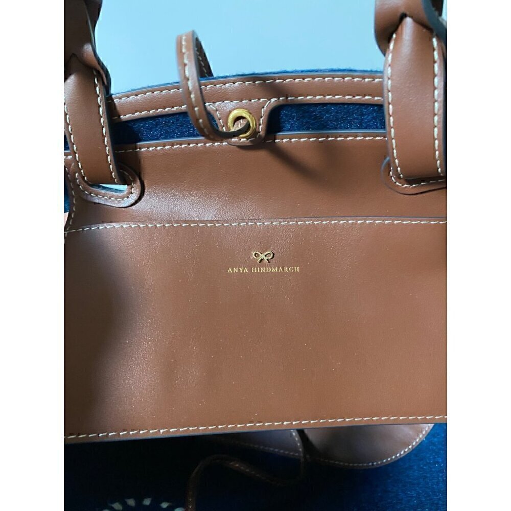Anya Hindmarch Small Eyes Felt Tote Bag Leather Trimmed Dark Petrol Blue Brown - Picture 12 of 13